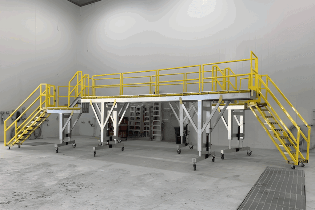 Industrial work platform with yellow safety railings and two staircases on each end, positioned inside a large, clean maintenance facility.